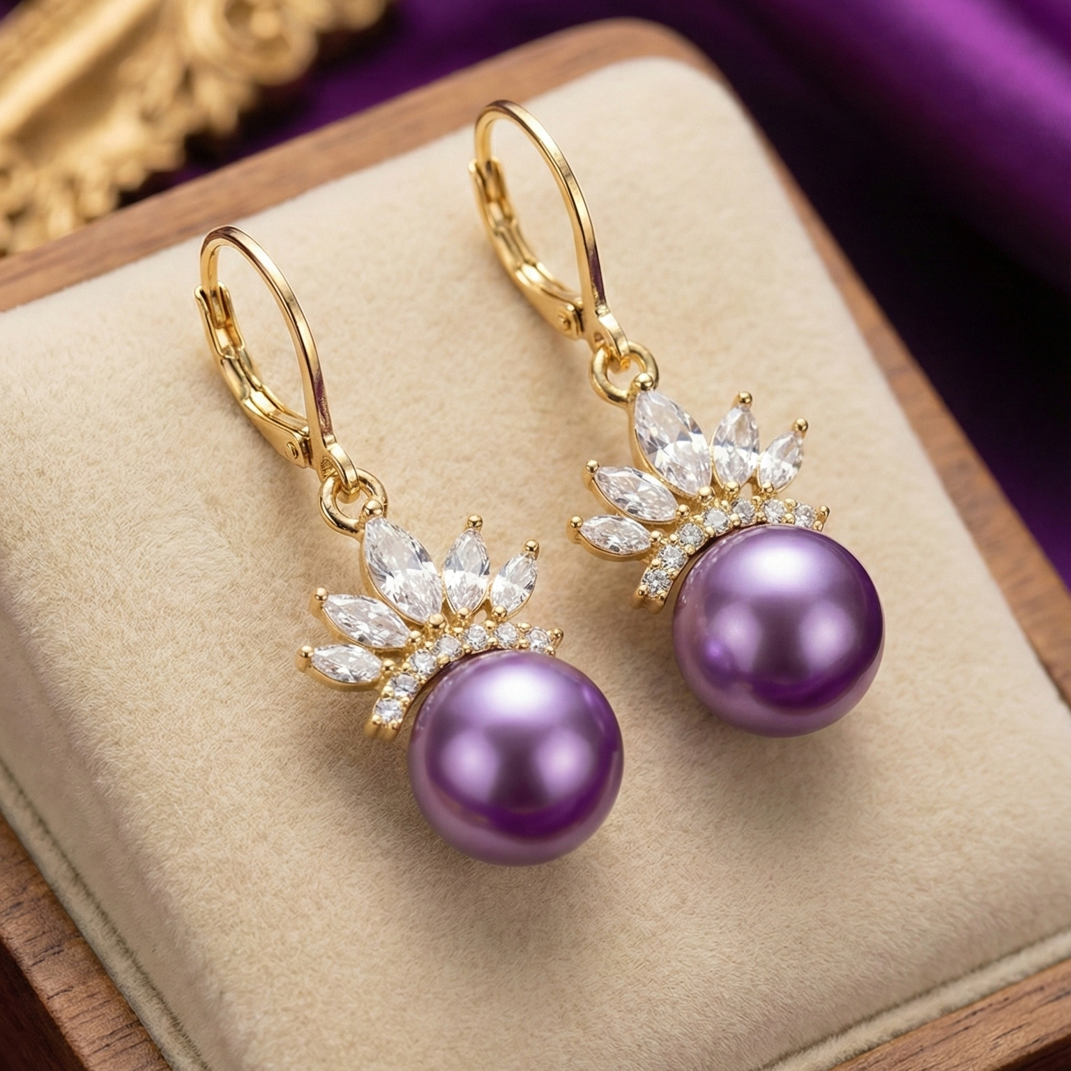 Purple pearl earrings with gold accents